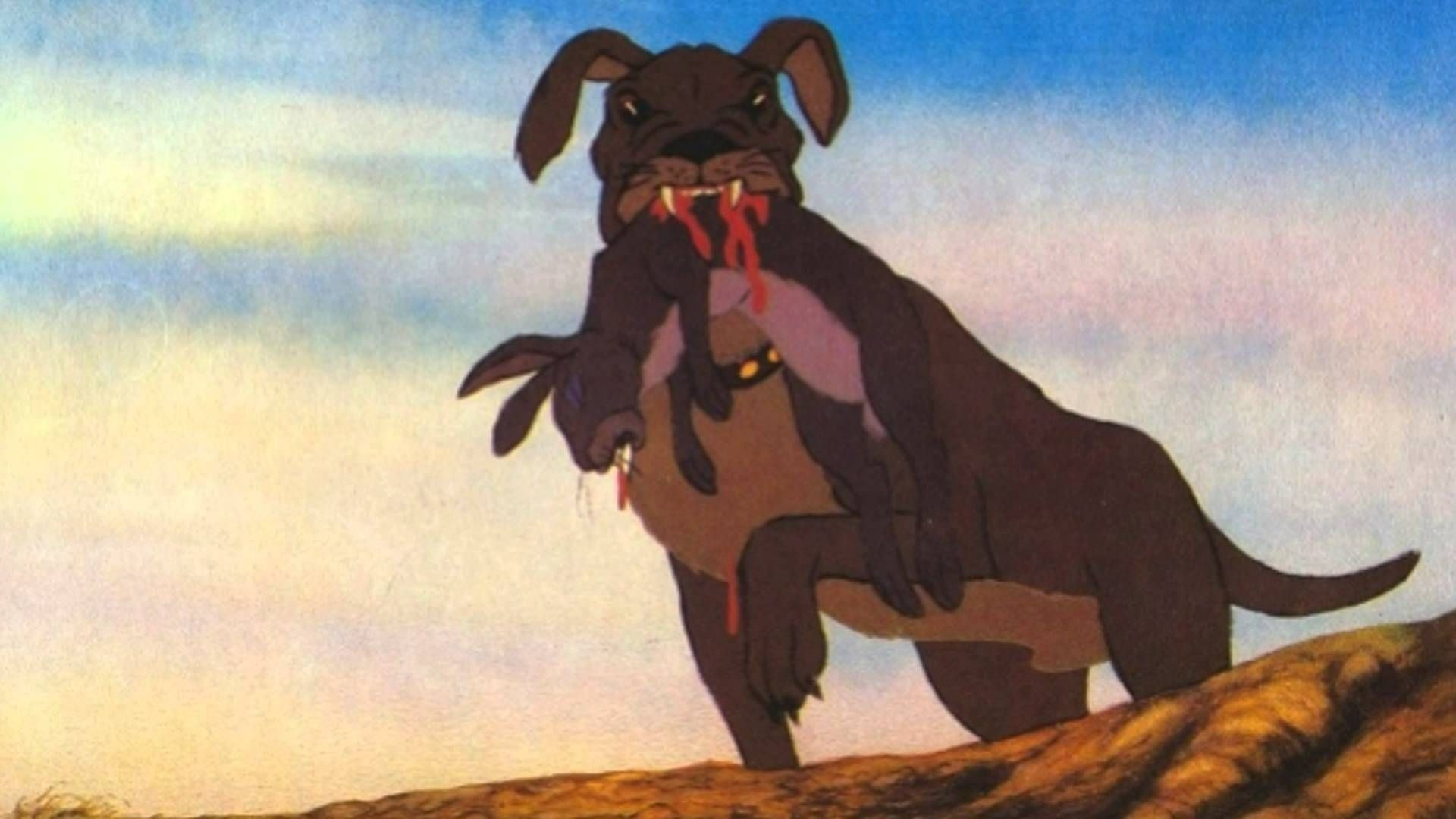 A rabid dog carries a bloody rabbit in its mouth