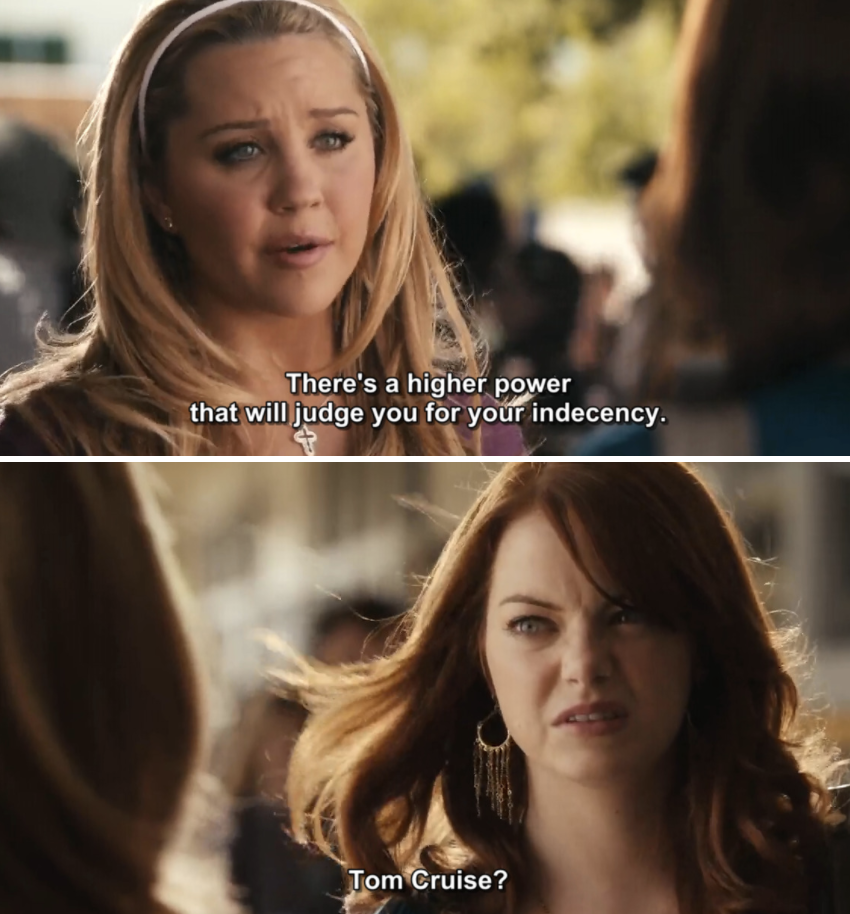 Amanda Bynes talking to Emma Stone's character in Easy A