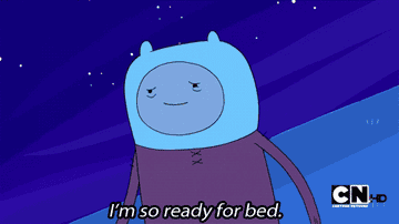 GIF of Jake and Fin from Adventure Time sleepily walking to bed