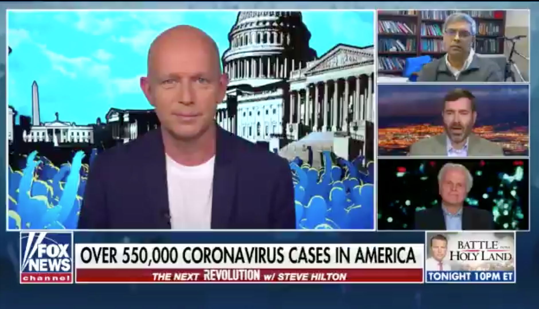 A screenshot of four men talking on a tv show on Fox, with a chyron that reads &quot;over 550,000 coronavirus cases in America&quot;