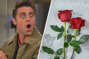 Joey from Friends next to some roses being shocked by his secret message