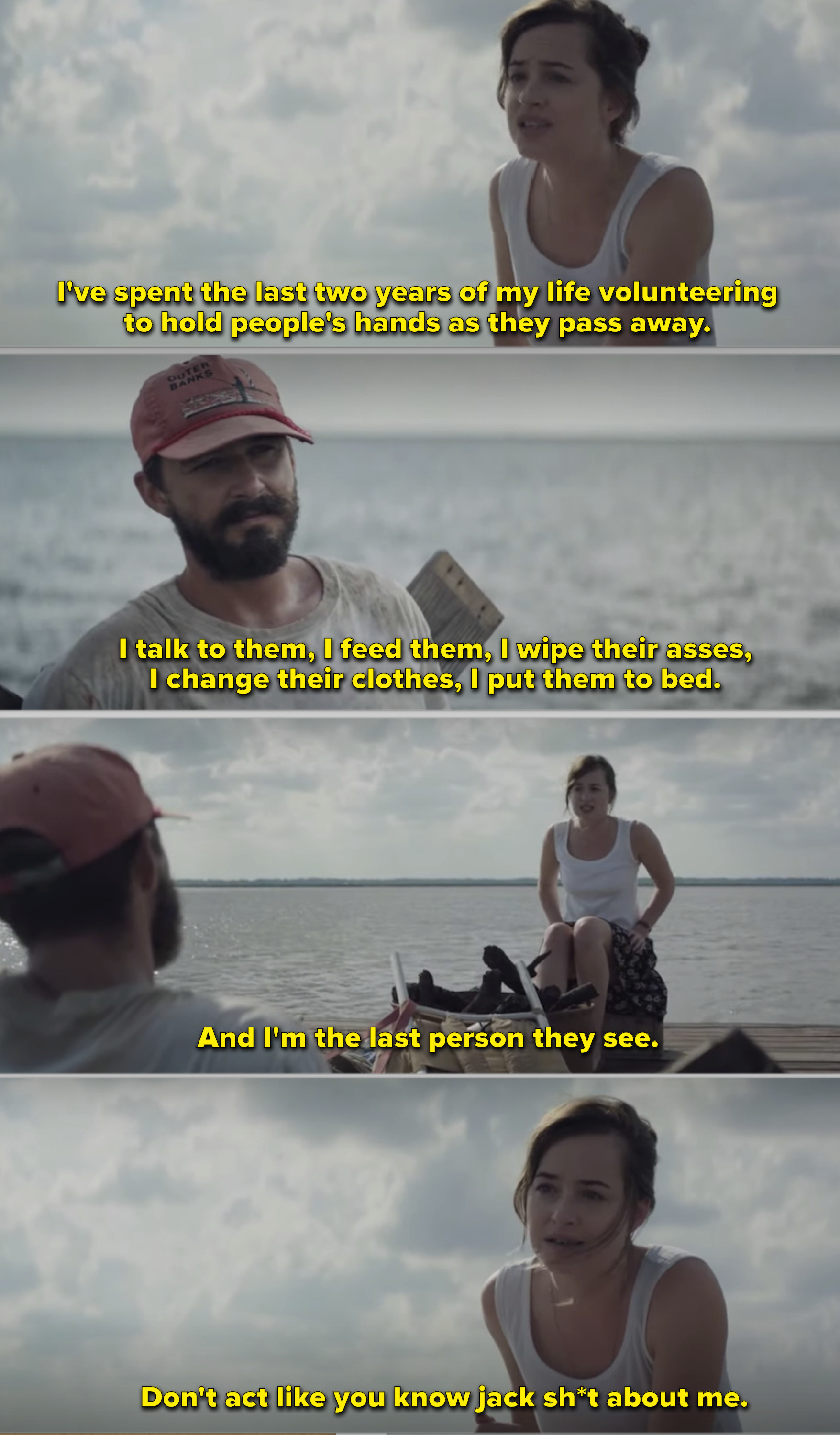 Dakota Johnson talking to Shia LaBeouf's character in Peanut Butter Falcon