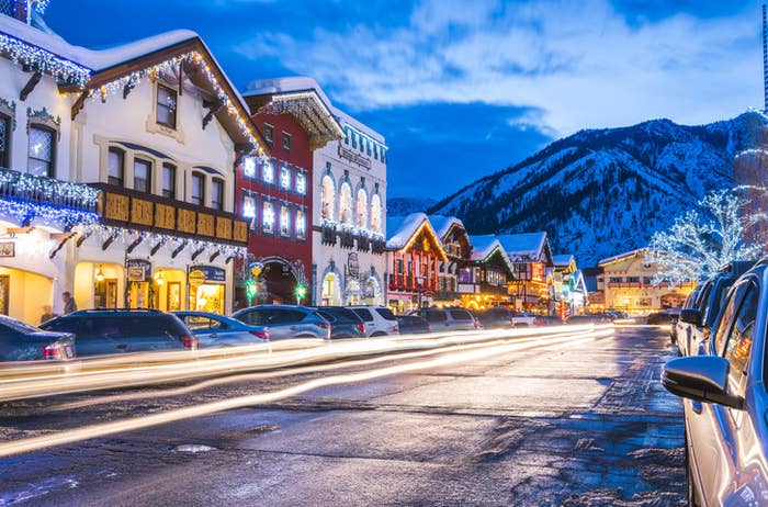 Snowy, well-lit street in Leavenworth