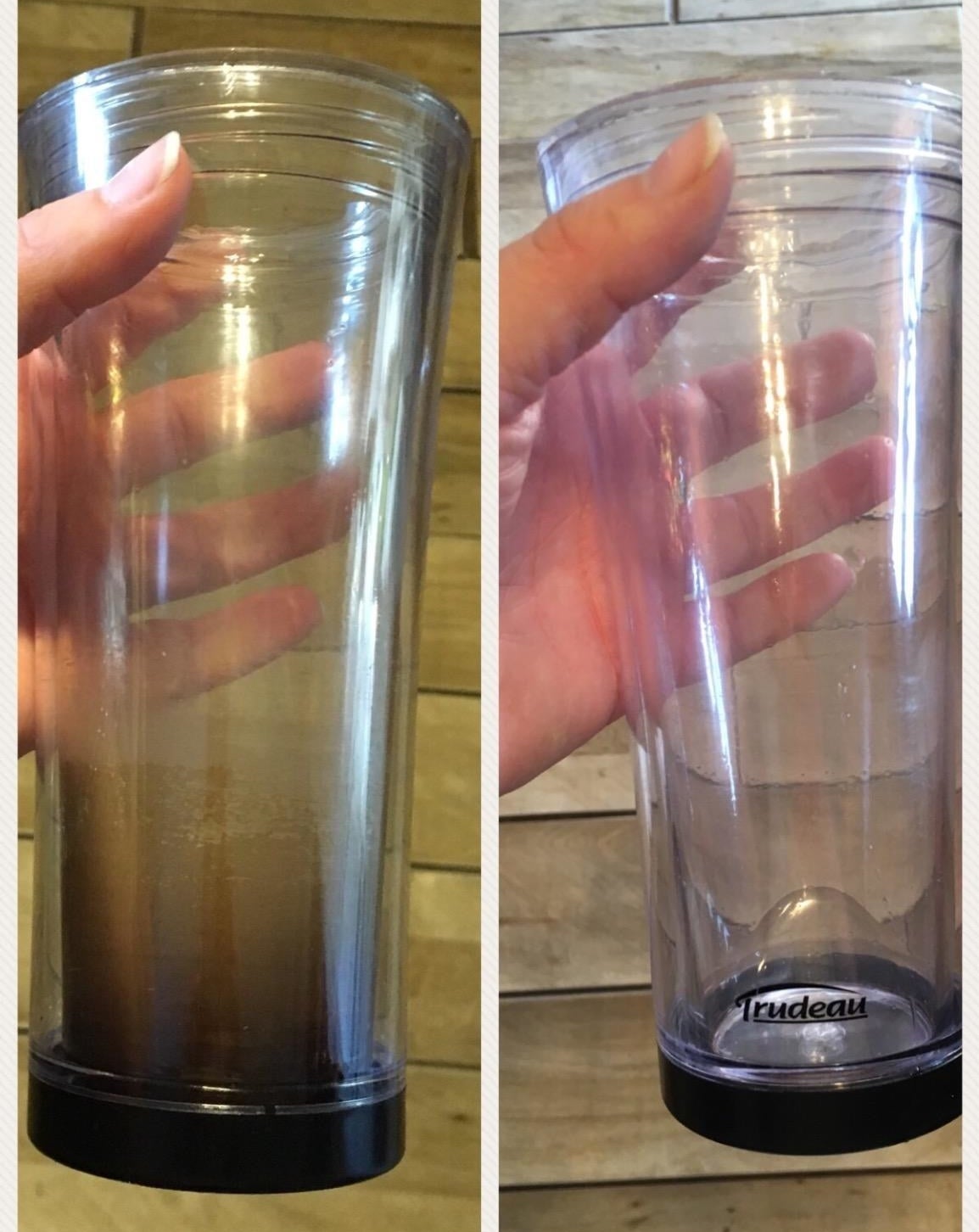 Reviewer showing before-and-after of how the the tabs removed tough tea stains from a clear cup 