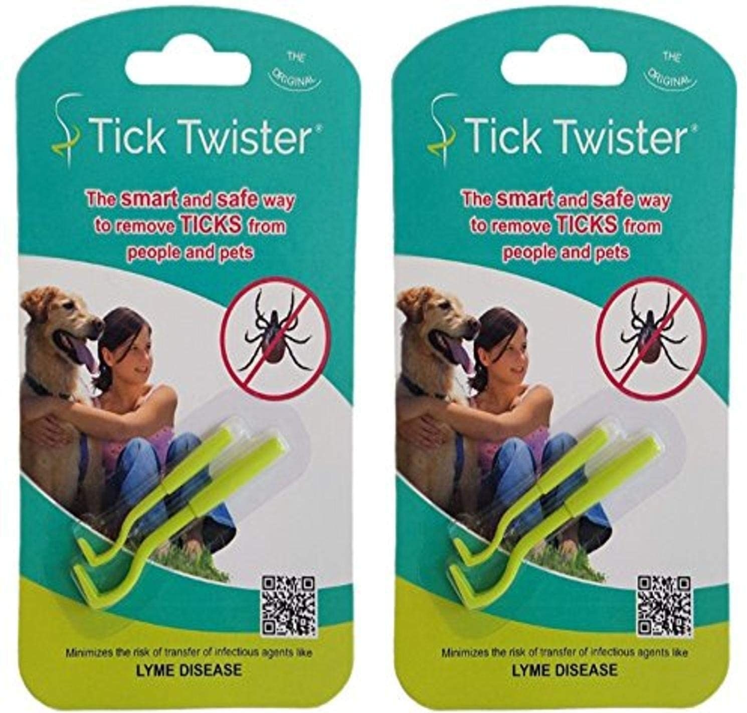 Lime green and teal packaging of tick-removing tweezers