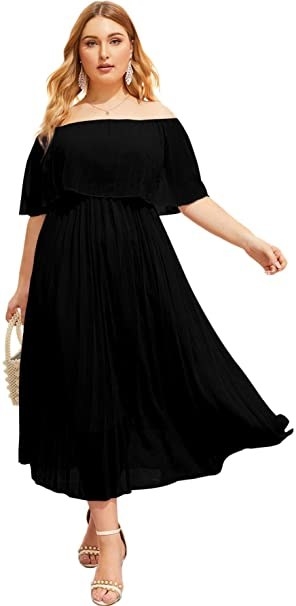 plus-size model wearing a solid black off the shoulder maxi dress]