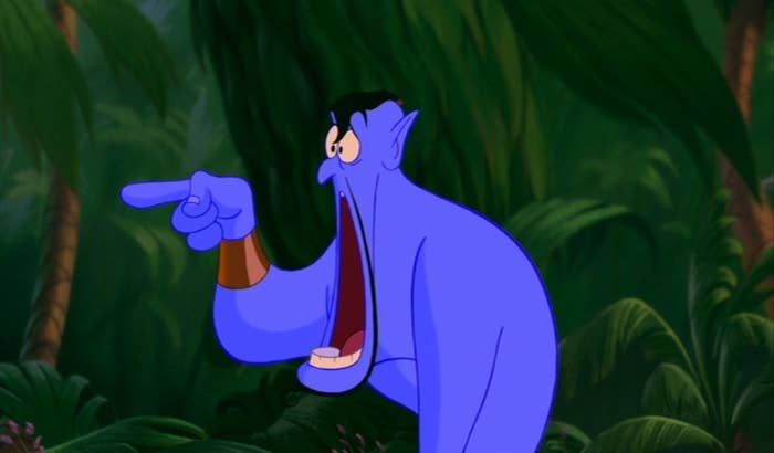 Genie from "Aladdin" with his mouth open, completely in shock