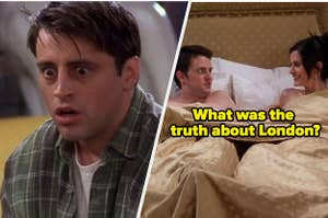 Joey surprised side-by-side with Chandler and Monica in bed with the trivia question "What was the truth about London?"