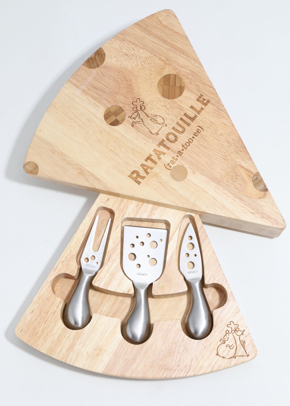 cheese shaped cutting board with three cheese knives with cheese holes 
