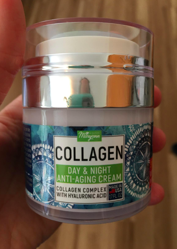 A customer review photo of a jar of the Maryann Organics Day &amp;amp; Night Anti-Aging Cream.