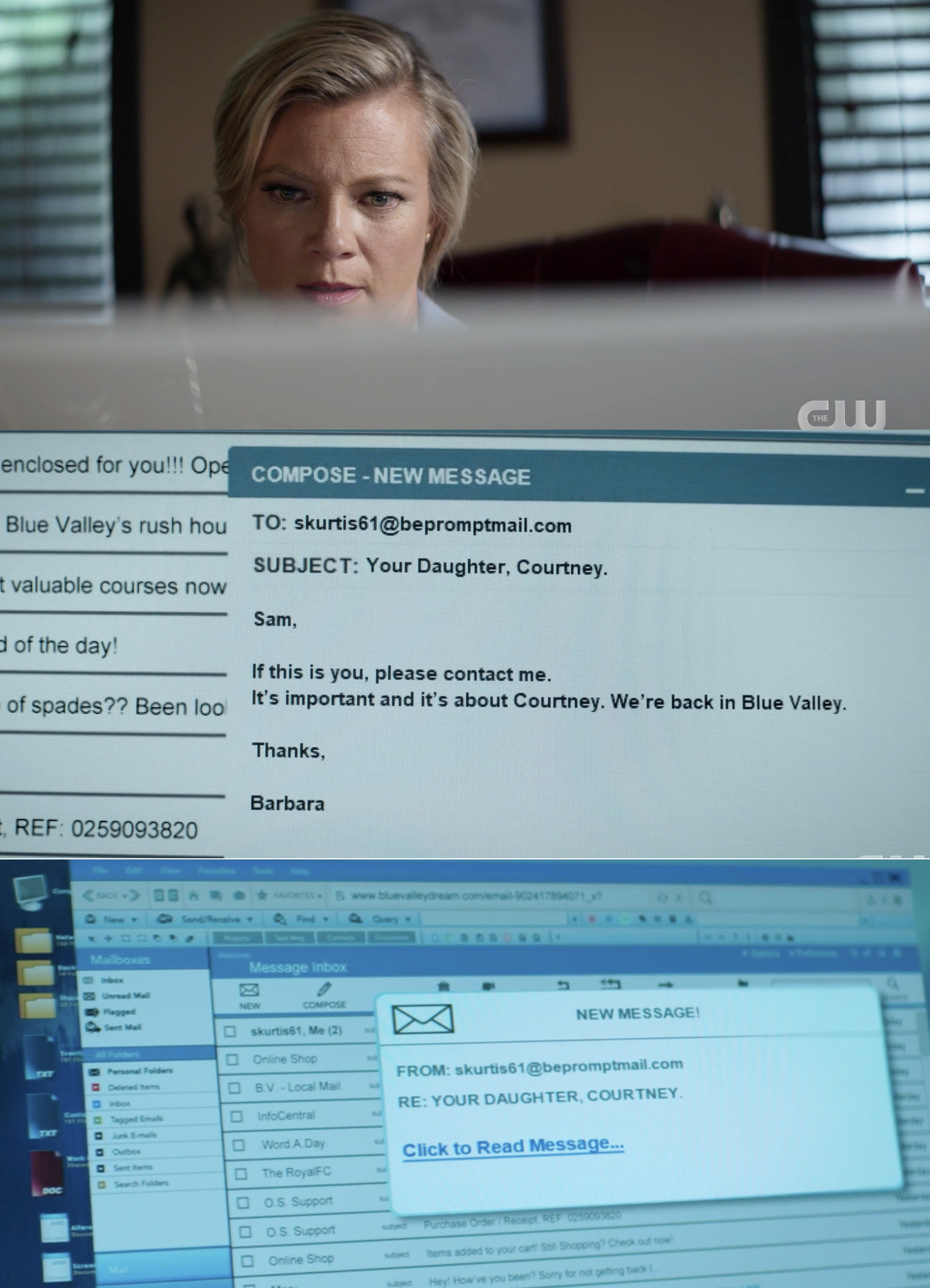 Barbara sending an email to Courtney&#x27;s supposed dad saying they need to talk and that they are in Blue Valley again