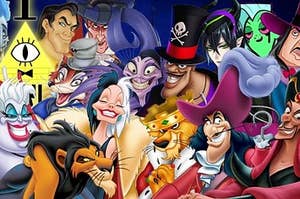 A image of a bunch of Disney villains stand around.