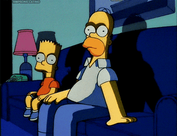 Homer and Bart Simpson eerily patting the couch for you to come join them. 
