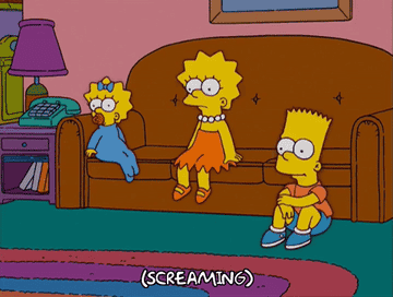Maggie, Lisa, and Bart in their living room, screaming at the television