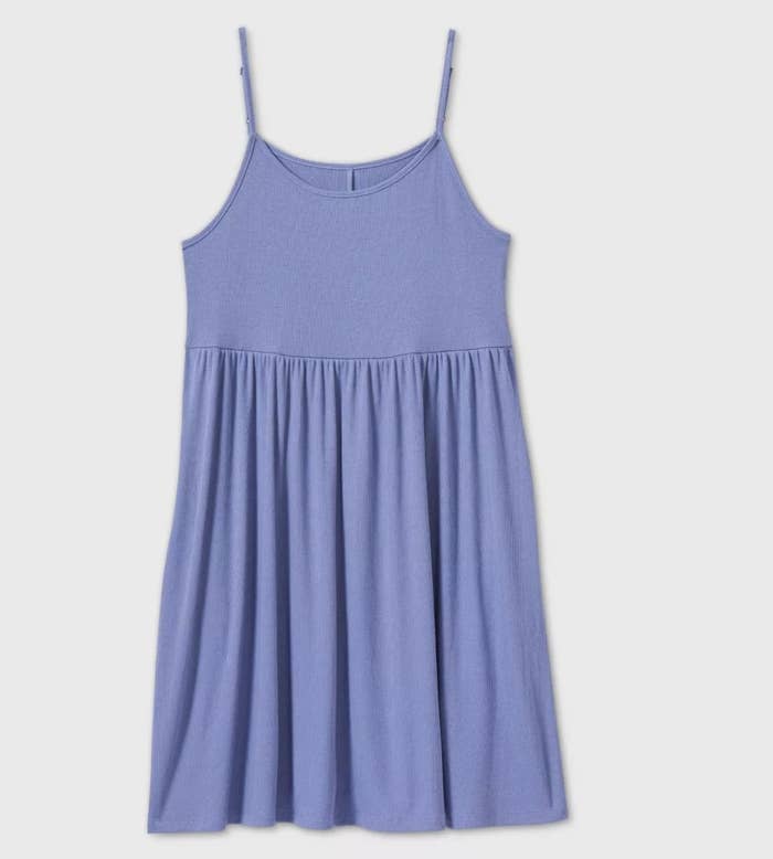 A blue sleeveless dress