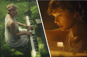 Taylor Swift playing piano in a lush forest, and her looking into her glowing piano