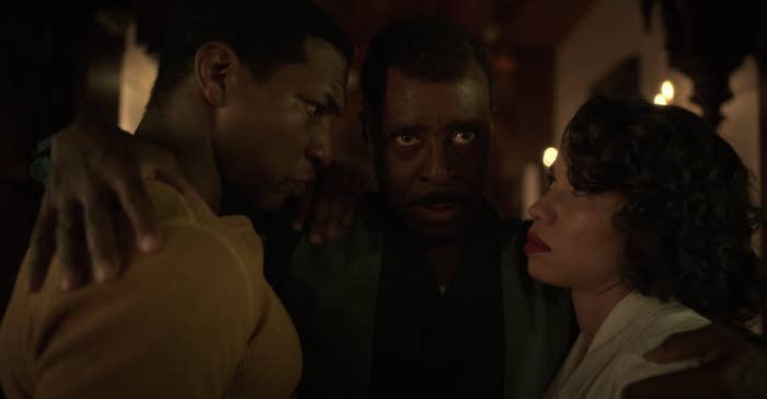 Jonathan Majors, Courtney B Vance, and Jurnee Smollett as Leti, Atticus and George in Lovecraft Country