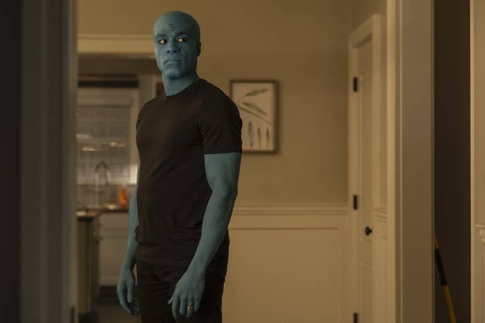 Yahya with blue skin as Doctor Manhattan in &quot;Watchmen&quot;