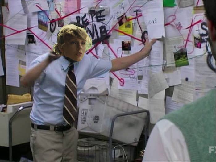 A poorly Photoshopped version of Taylor standing in front of a chaotic wall of papers and connecting string from the show "It's Always Sunny in Philadelphia"