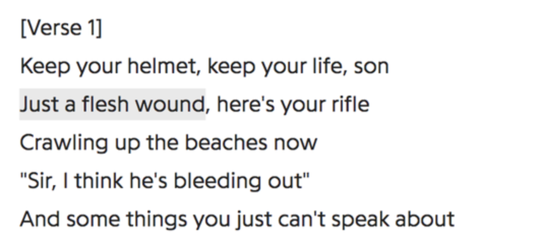 Lyrics of the song&#x27;s first verse: &quot;Keep your helmet, keep your life, son / just a flesh wound, here&#x27;s your rifle / crawling up the beaches now&quot;