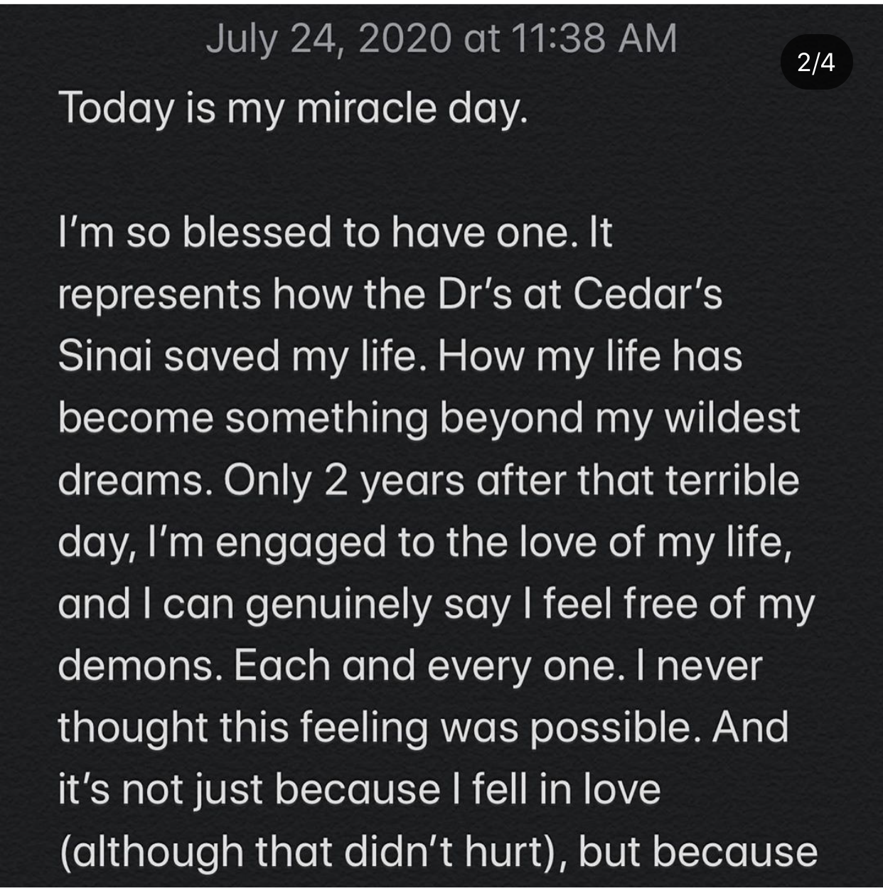 Screenshot of note Demi wrote about her miracle day
