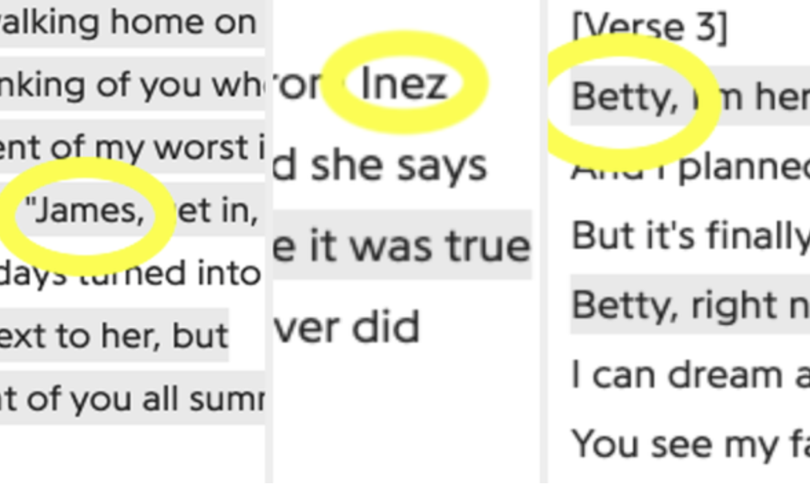 Lyrics with the words &quot;James,&quot; &quot;Inez,&quot; and &quot;Betty&quot; all circled. 