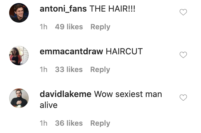 评论,上面写着“头发,““发型,““哇性感男人alive"