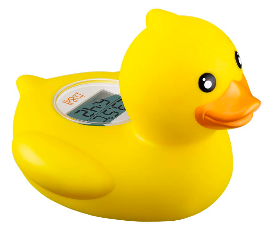 A rubber duck with a temperature display on its back