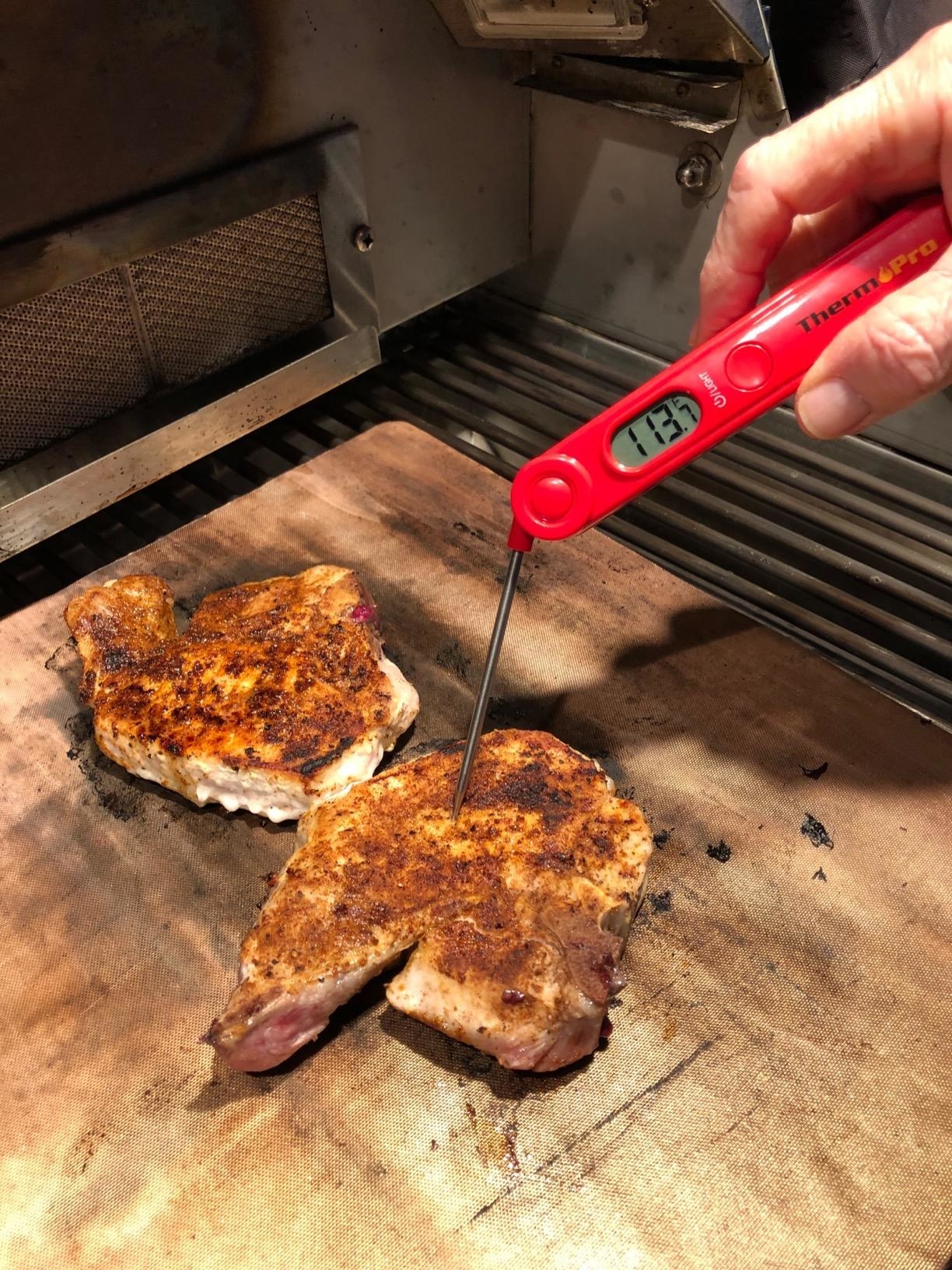 Someone holding the meat thermometer into a piece of chicken to read its temperature.