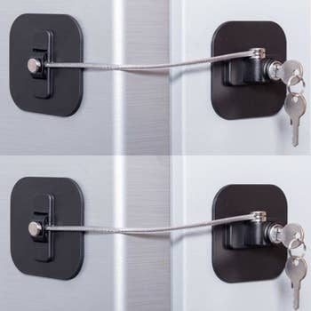 A pair of palm-sized square attachments placed on both refrigerator doors and connected by a strong cord. One side has a lock and key. 