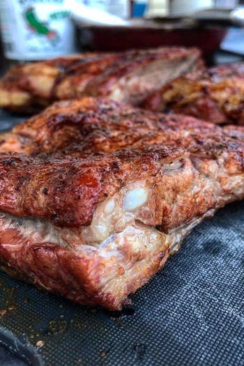 A reviewer's rack of pork ribs fresh out of the smoker