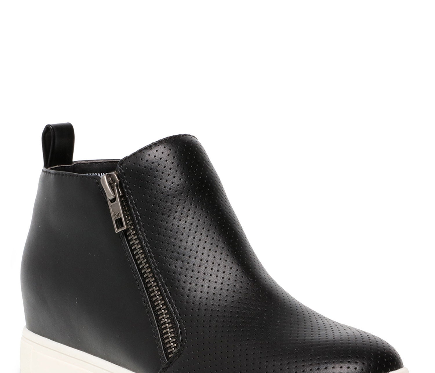 black sneaker wedges with white bottoms and a side zipper