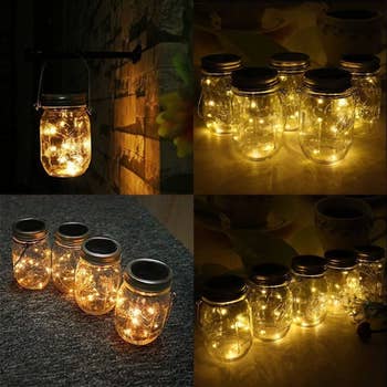 The mason jars full of fairy lights arranged in different ways, like hanging from a porch and set on the ground 