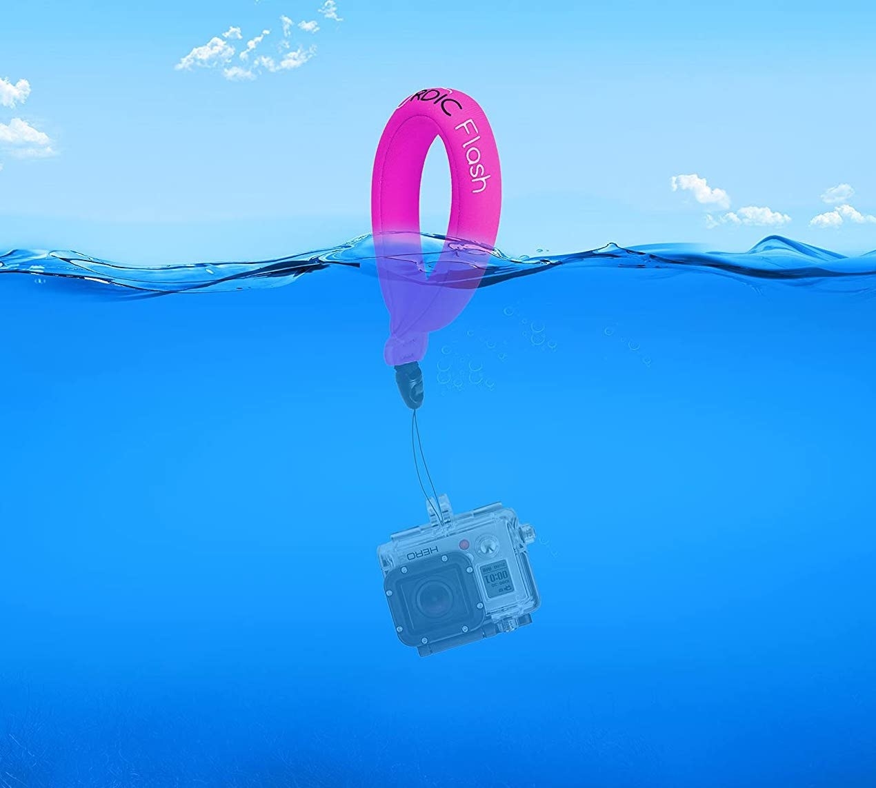 The strap is floating above water while the attached camera is seen beneath the surface