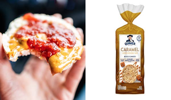 Hand holding a rice cake topped with nut butter and strawberry jelly; A bag of caramel Quaker rice cakes
