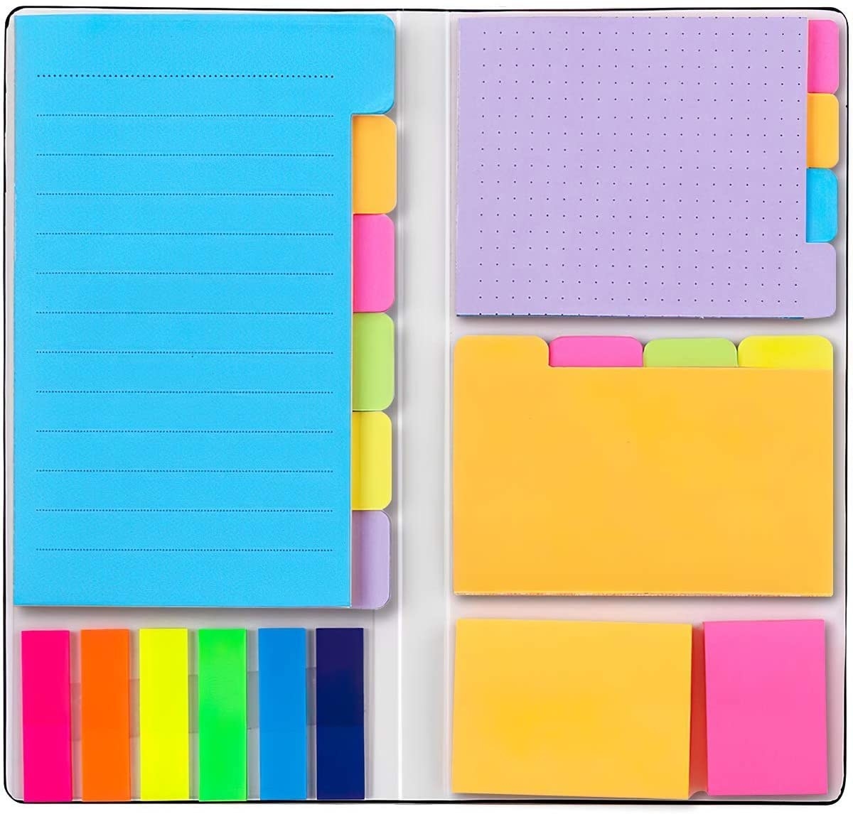 A set with multiple stacks of sticky notes in different sizes and colours