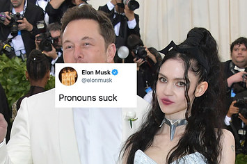 Grimes and Elon Musk on a red carpet with Elon Musk's tweet that says "pronouns suck"