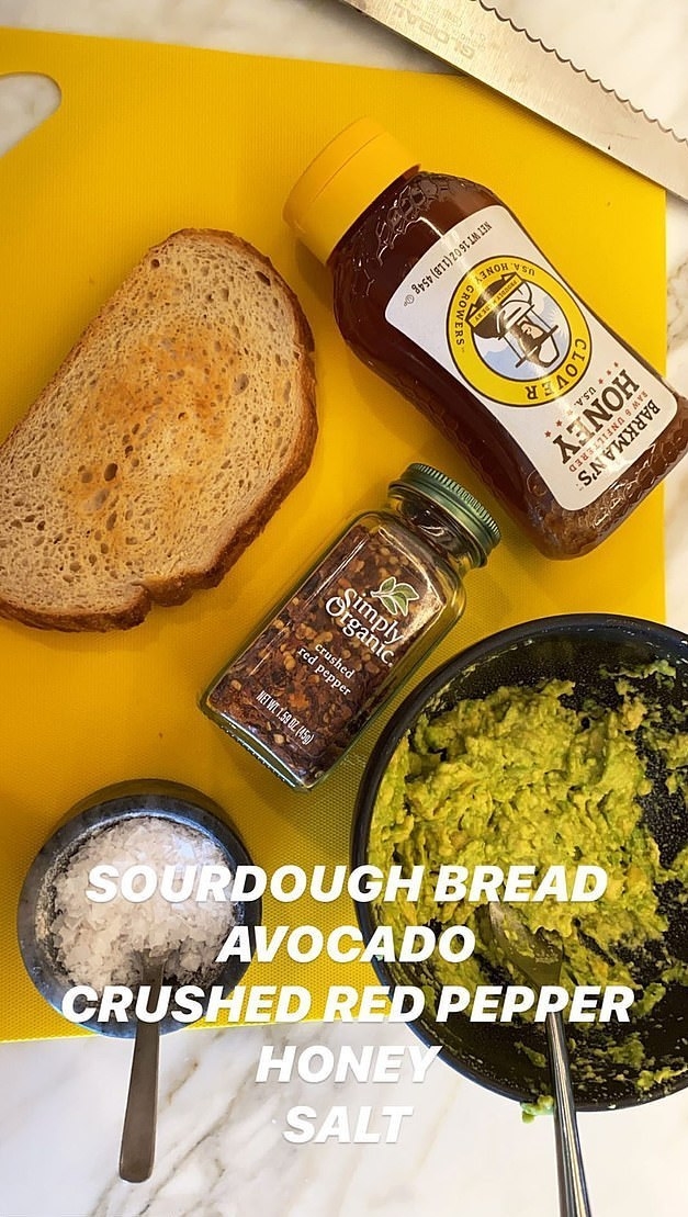 Kylie&#x27;s ingredients: Sourdough bread, avocado, crushed red pepper, honey, salt