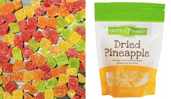A rainbow of dried fruit pieces; Good &amp; Smart dried pineapple