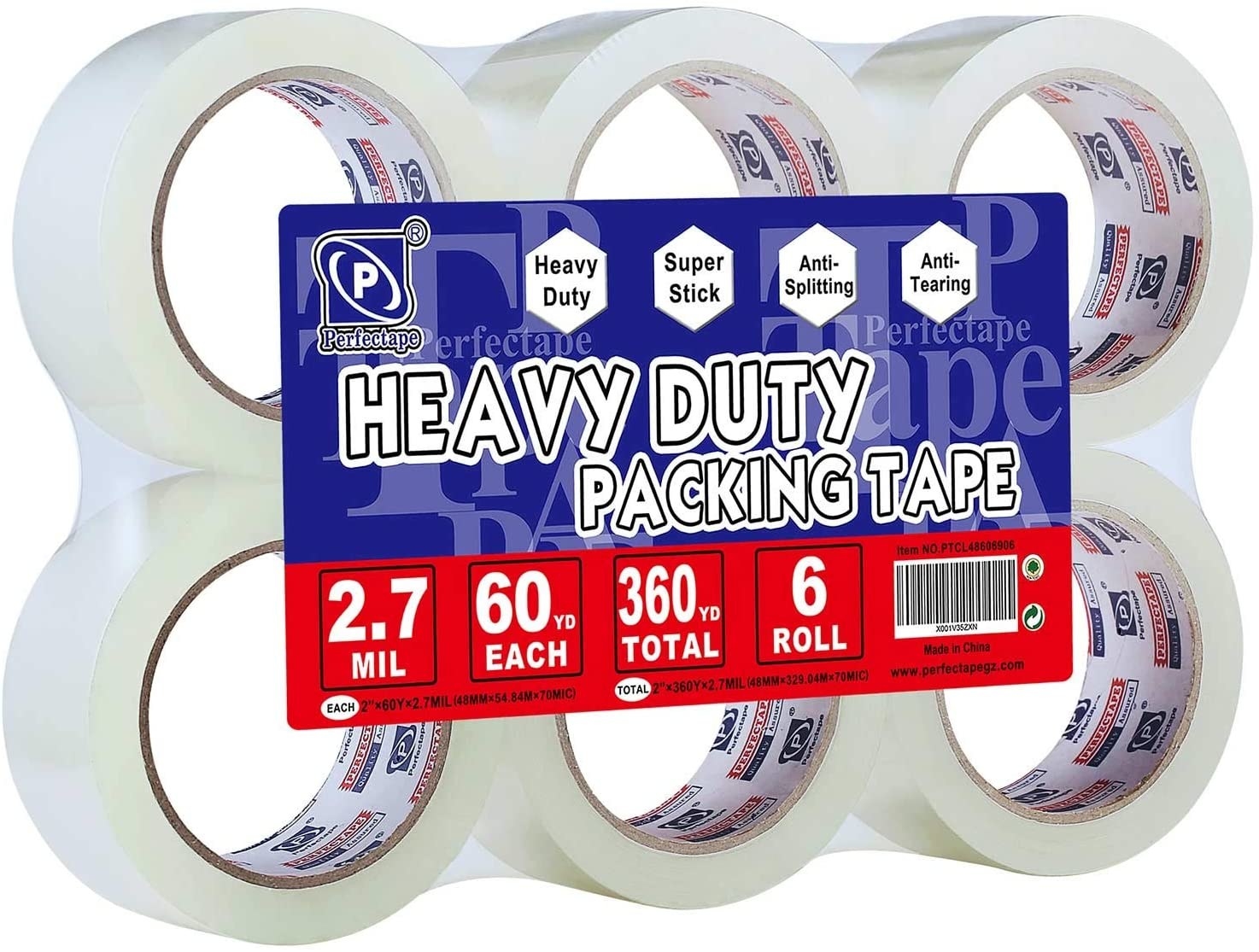 Six rolls of clear packing tape packaged together with a large blue and red label