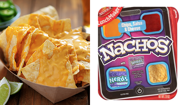 Tortilla chips covered in nacho cheese; Armour® LunchMakers® Nachos