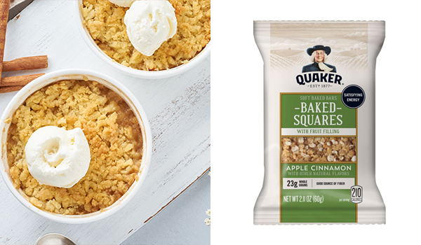 Apple oatmeals topped with whipped cream; Quaker Baked Square