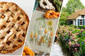 Three images: a homemade apple pie, floral embroidery, and a small house by water surrounded with flowers