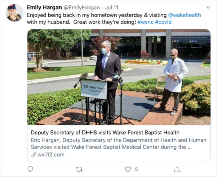 Screenshot of Emily Hargan&#x27;s since-deleted tweet, which reads, &quot;Enjoyed being back in my hometown yesterday &amp; visiting @wakehealth with my husband. Great work they&#x27;re doing! 