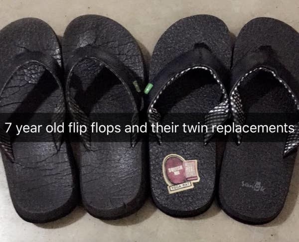 A reviewer photo of their 7-year-old flip flops on the left and their twin replacements on the right — the older Sanuk flip-flops are still in good shape 