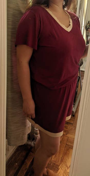 Different reviewer wearing the PJs in burgundy