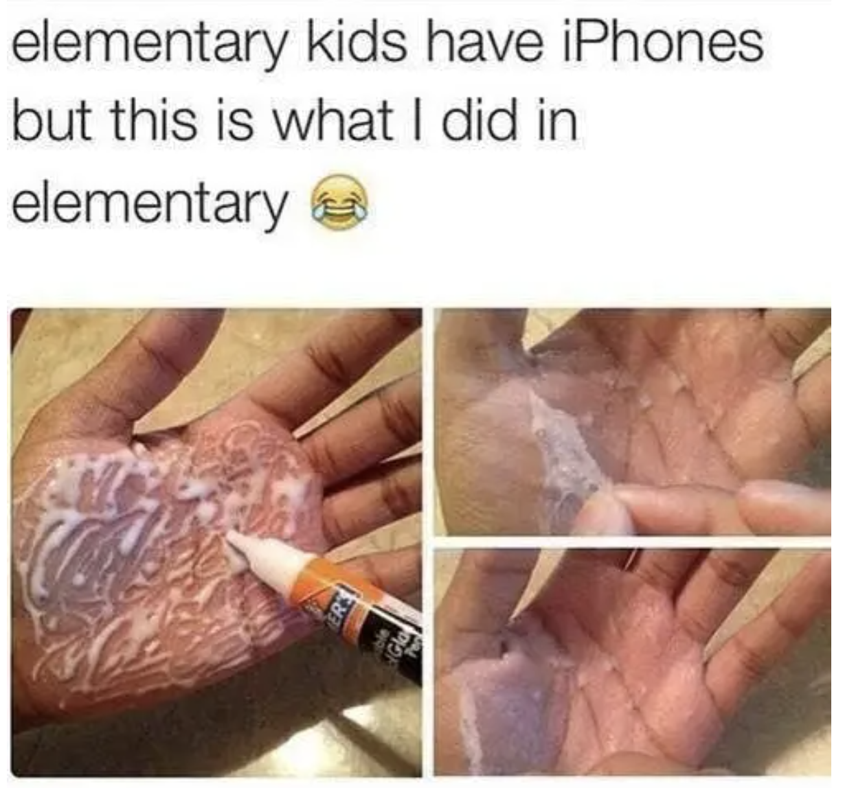 Kid rubbing glue over his hand and peeling it off