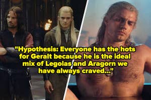 Aragorn and Legolas standing next to each other, side-by-side Geralt from The Witcher in the bath tub. Thumbnail reads "Hypothesis: Everyone has the hots for Geralt because he is the ideal mix of Legolas and Aragorn we have always craved..."