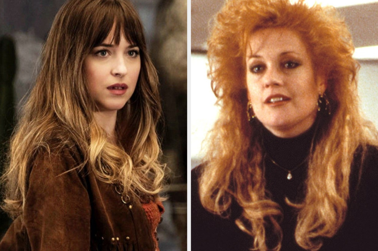 A split image showing close-ups of Dakota Johnson in Bad Times at the El Royale and Melanie Griffith in Working Girl with big 80s hair