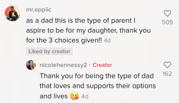Dad commenting thanking Nicole.